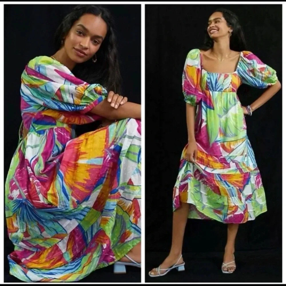 Farm Rio Rainbow Leafs Open Back Midi Dress - Picture 8 of 8